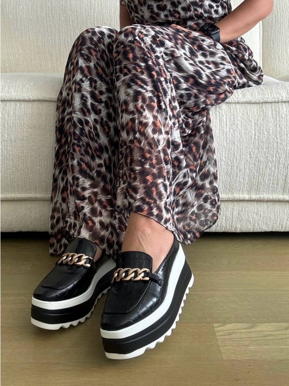 Black Platform Loafers with Gold Chain Accent - Picture 4 of 9